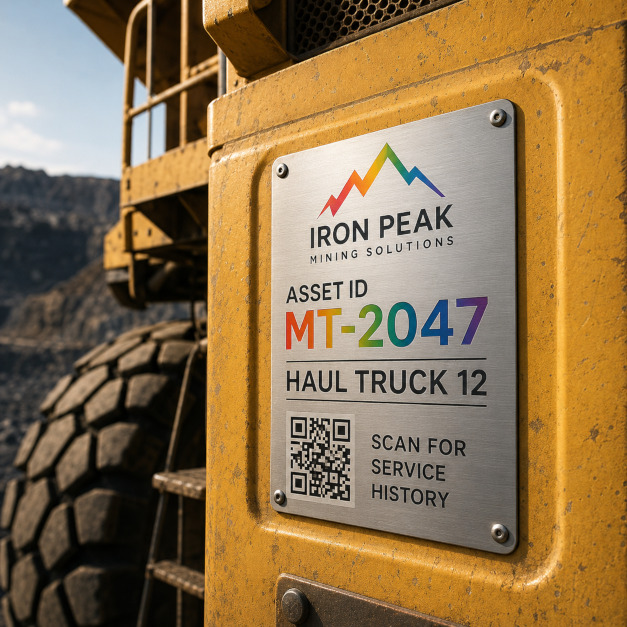 Vivid Alloy asset tag on a mining haul truck
